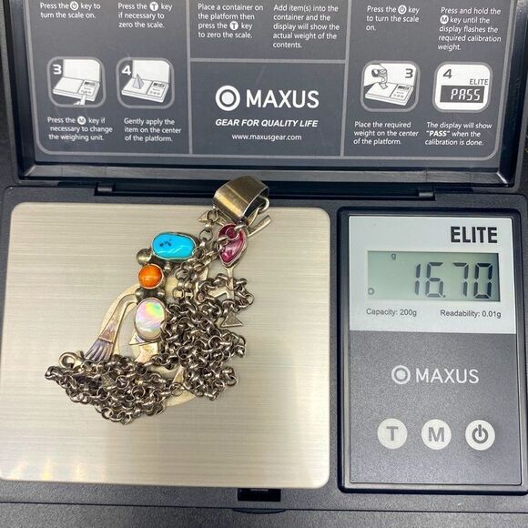 Ladies vintage SW Kokopelli turquoise, opal, and agate stones pendent w/chain - Picture 12 of 14